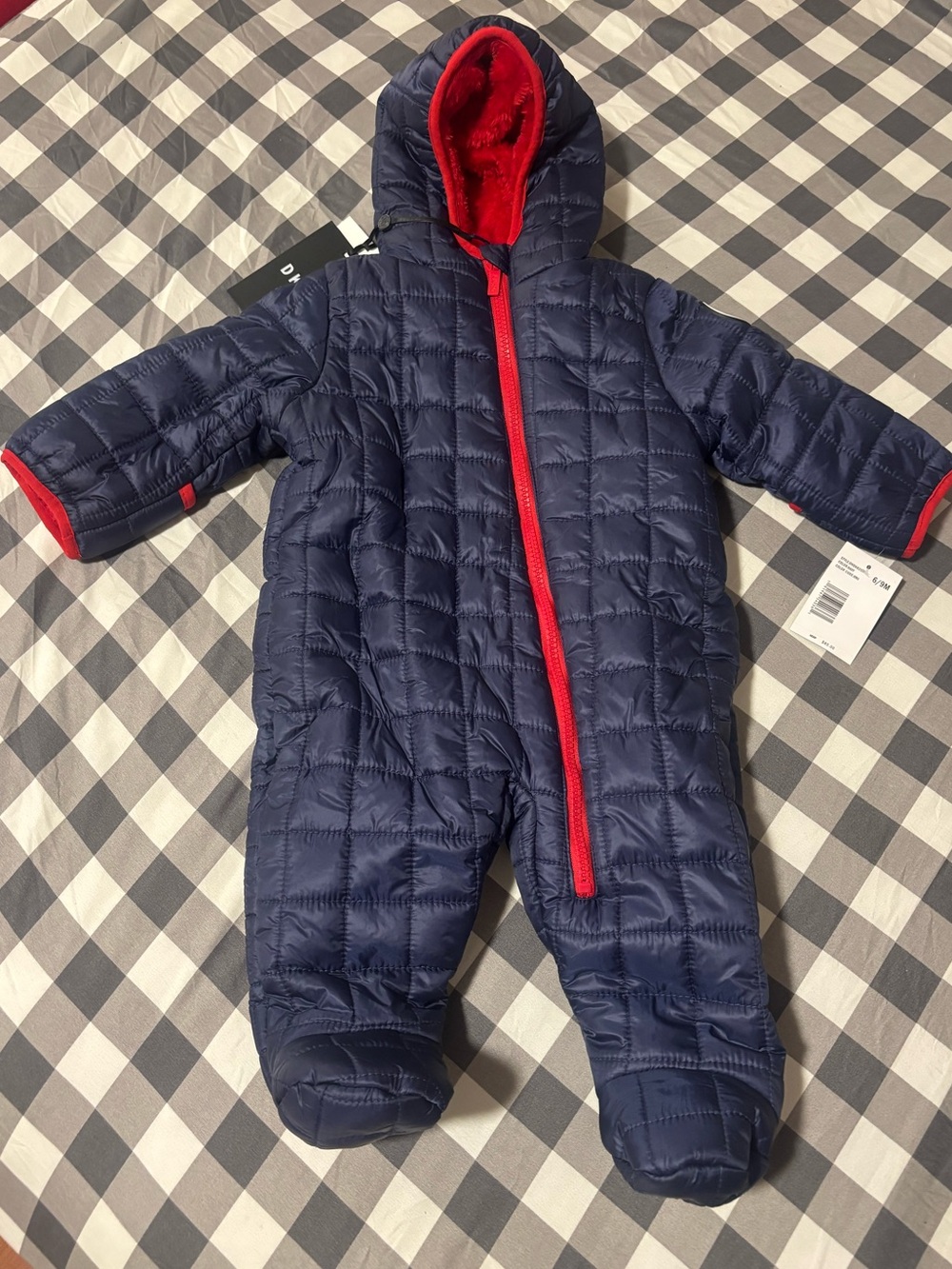 DKNY Navy One-Piece Footed Snowsuit with Red Trim